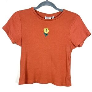 Orange flower embroidery ribbed knit top
